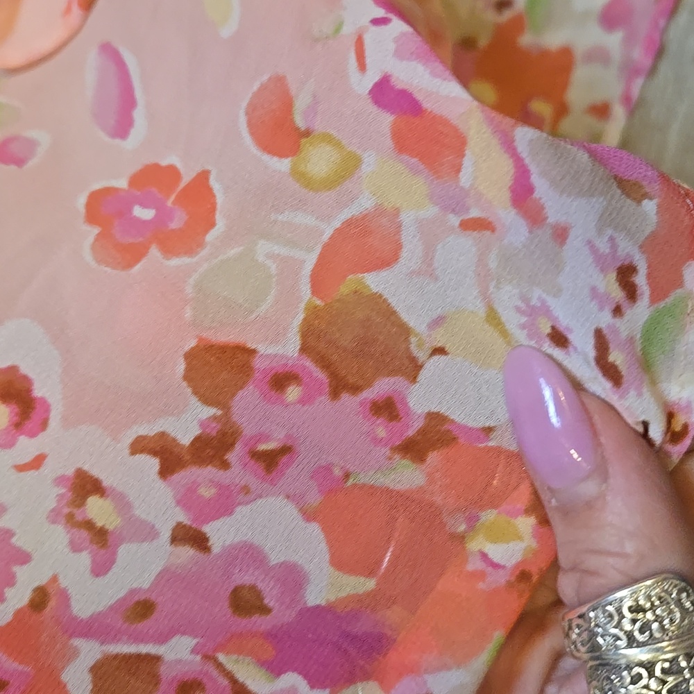 Oscar de la Renta Pink Label Sheer Pink Floral Tie Waist Tunic Dress/Robe - Picture 6 of 11